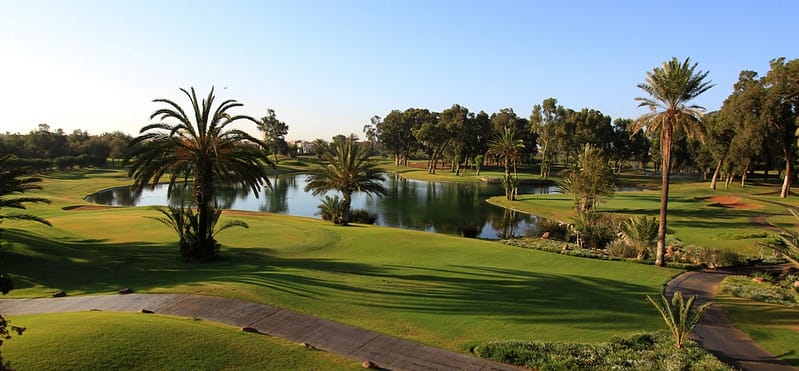 Grren golf course with palm trees and crystal clear lake