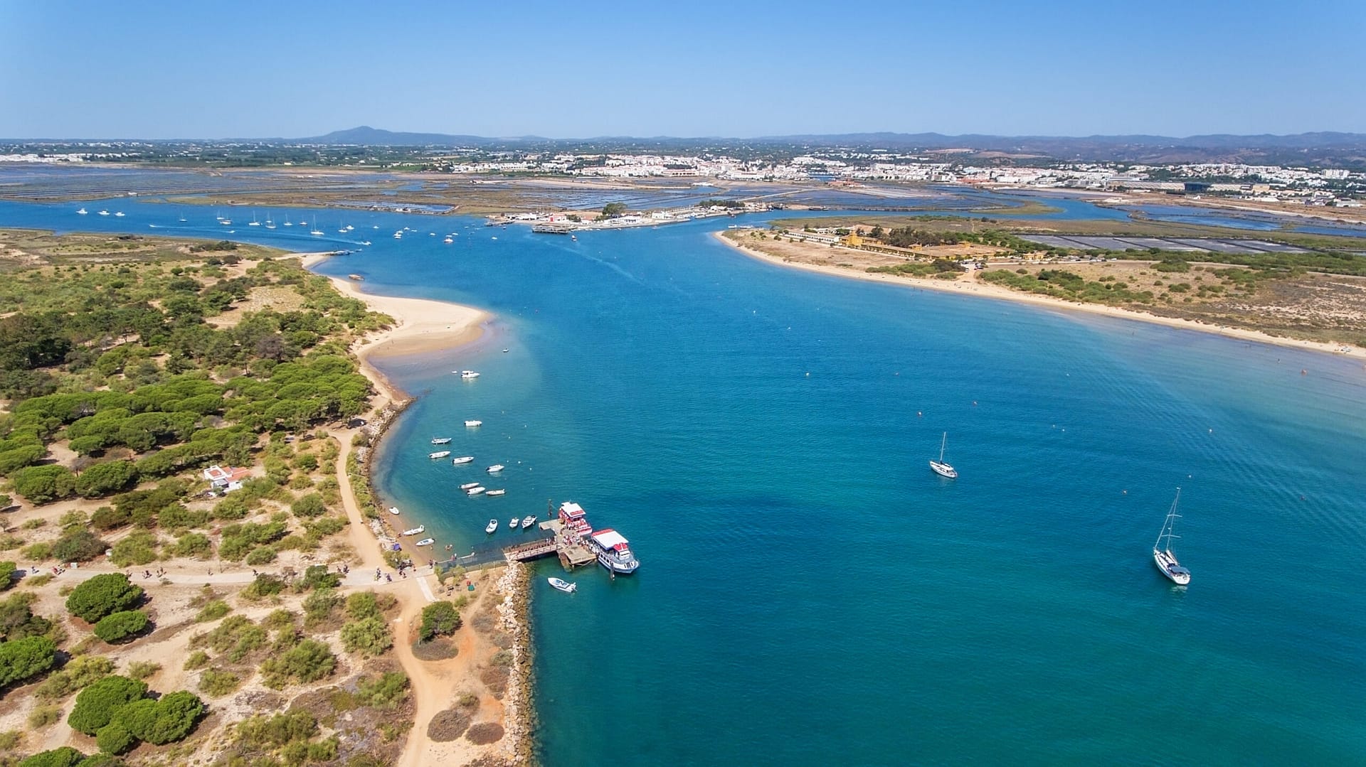 Gulf of the river island of Tavira. View from sky